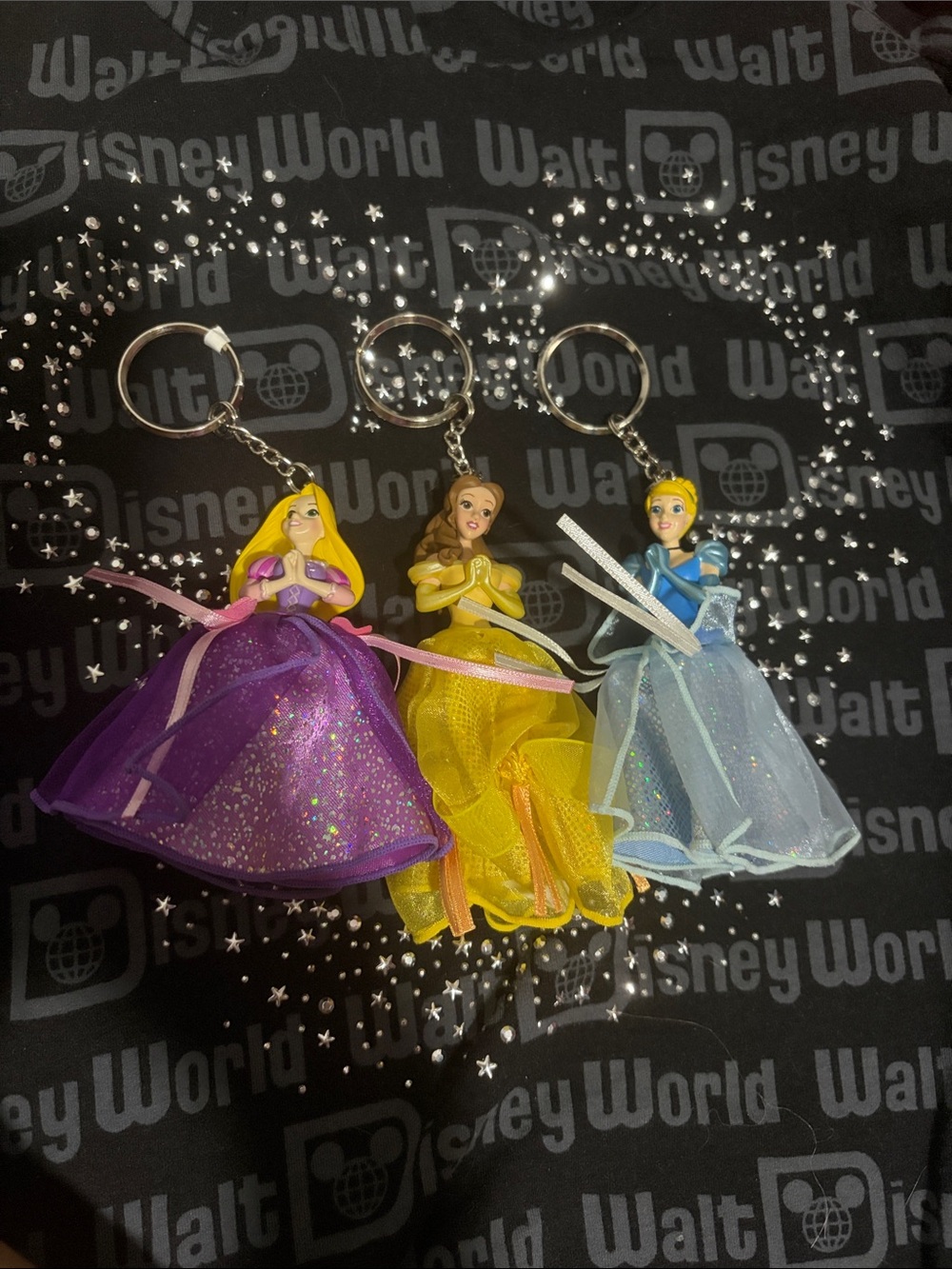 Disney Princess Keychain Set - Rapunzel, Belle, Cinderella - Purple Yellow Blue